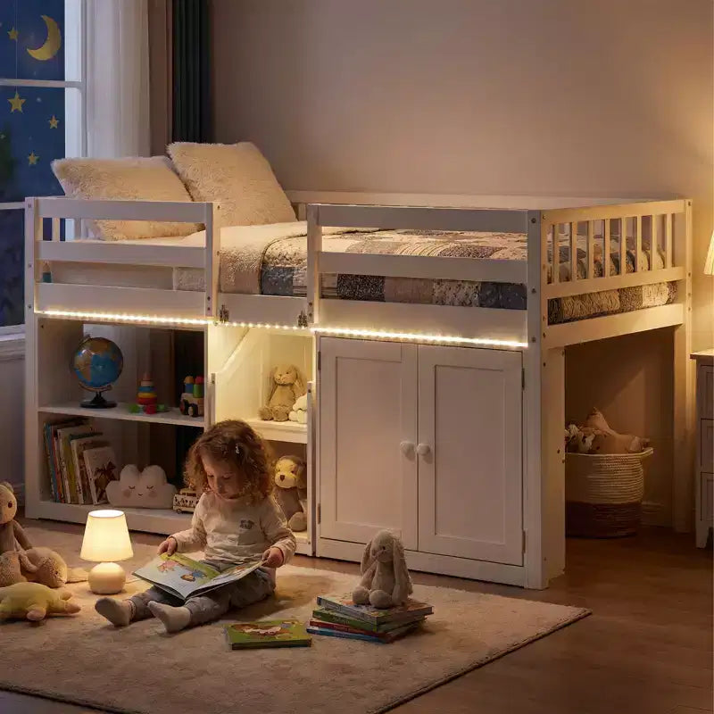 Costway Letto a soppalco basso con luce a LED, scale e ringhiere, letto singolo moderno in legno per bambini Bianco/Verde menta/Grigio
