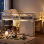 Costway Letto a soppalco basso con luce a LED, scale e ringhiere, letto singolo moderno in legno per bambini Bianco/Verde menta/Grigio