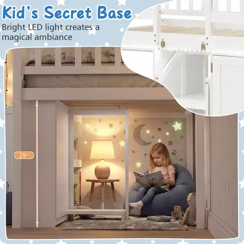 Costway Letto a soppalco basso con luce a LED, scale e ringhiere, letto singolo moderno in legno per bambini Bianco/Verde menta/Grigio