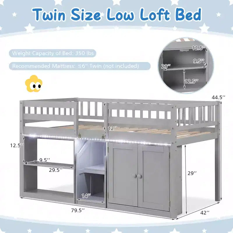 Costway Letto a soppalco basso con luce a LED, scale e ringhiere, letto singolo moderno in legno per bambini Bianco/Verde menta/Grigio