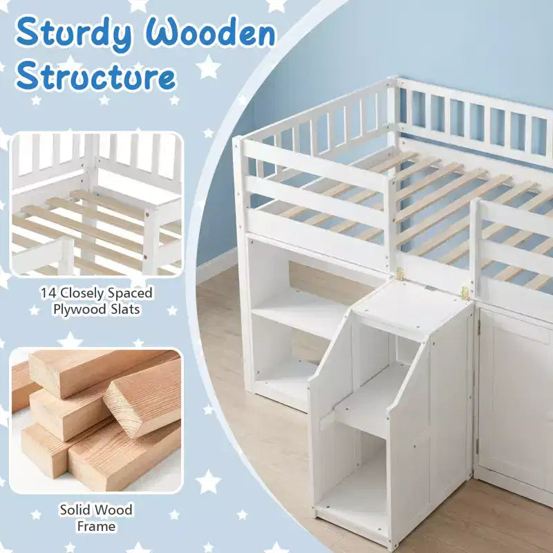 Costway Letto a soppalco basso con luce a LED, scale e ringhiere, letto singolo moderno in legno per bambini Bianco/Verde menta/Grigio