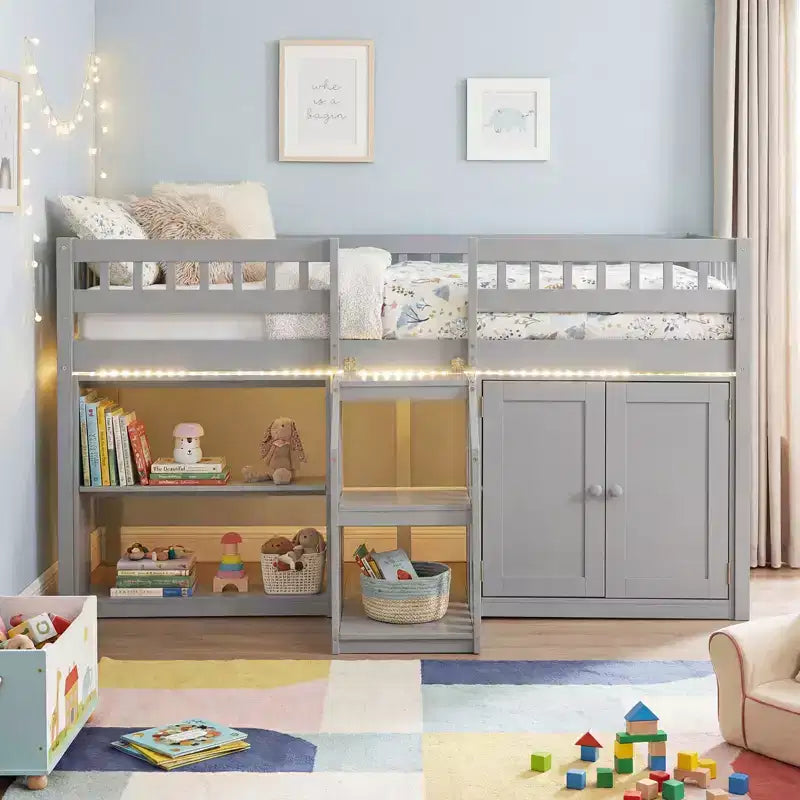 Costway Letto a soppalco basso con luce a LED, scale e ringhiere, letto singolo moderno in legno per bambini Bianco/Verde menta/Grigio