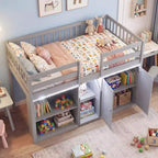 Costway Letto a soppalco basso con luce a LED, scale e ringhiere, letto singolo moderno in legno per bambini Bianco/Verde menta/Grigio