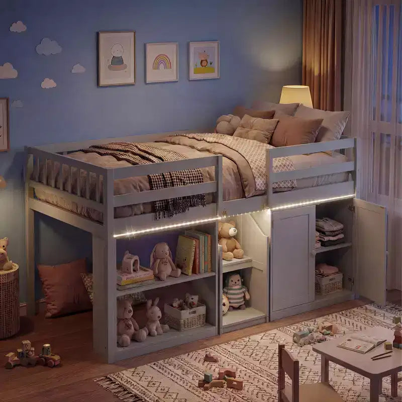 Costway Letto a soppalco basso con luce a LED, scale e ringhiere, letto singolo moderno in legno per bambini Bianco/Verde menta/Grigio
