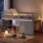 Costway Letto a soppalco basso con luce a LED, scale e ringhiere, letto singolo moderno in legno per bambini Bianco/Verde menta/Grigio