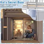Costway Letto a soppalco basso con luce a LED, scale e ringhiere, letto singolo moderno in legno per bambini Bianco/Verde menta/Grigio
