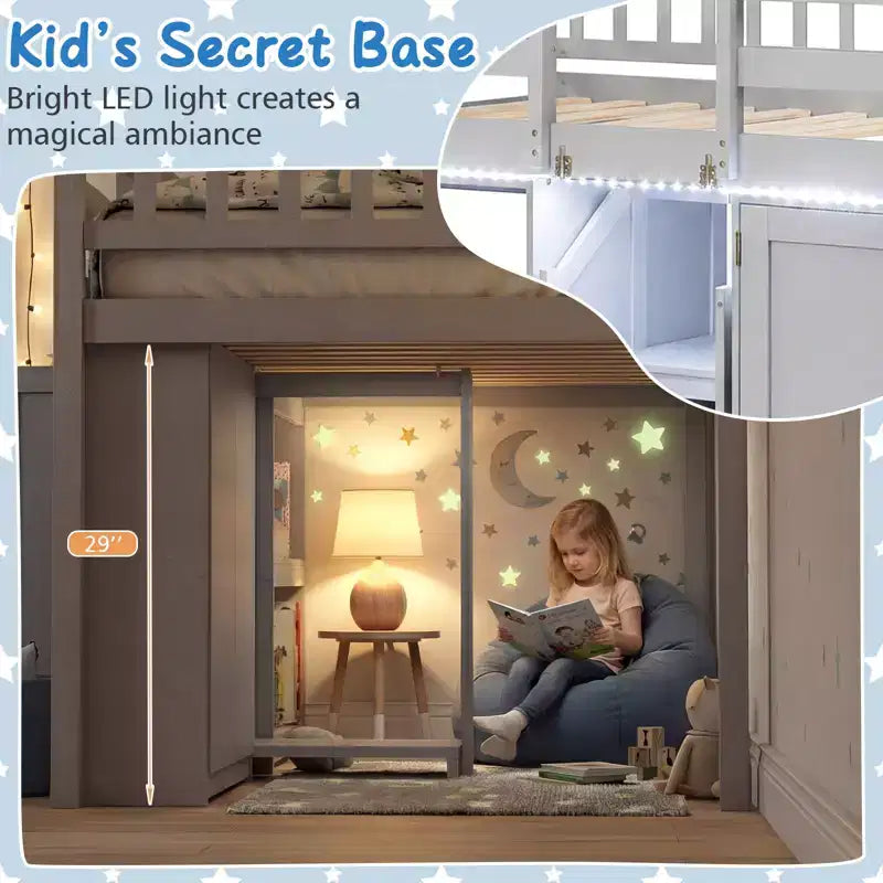Costway Letto a soppalco basso con luce a LED, scale e ringhiere, letto singolo moderno in legno per bambini Bianco/Verde menta/Grigio