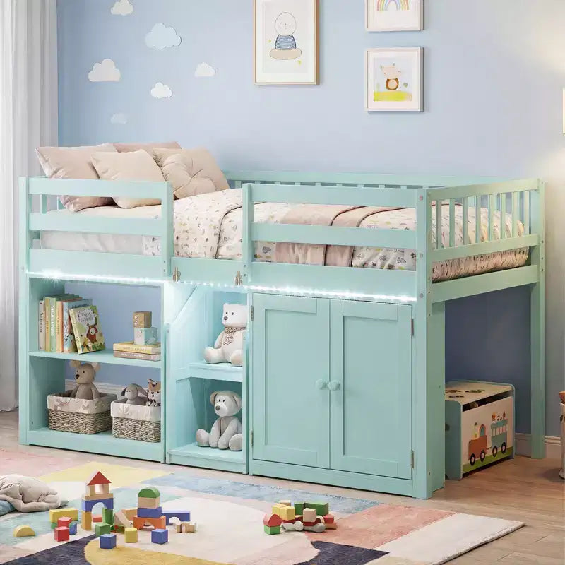 Costway Letto a soppalco basso con luce a LED, scale e ringhiere, letto singolo moderno in legno per bambini Bianco/Verde menta/Grigio