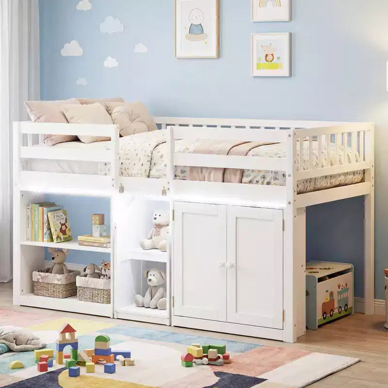 Costway Letto a soppalco basso con luce a LED, scale e ringhiere, letto singolo moderno in legno per bambini Bianco/Verde menta/Grigio
