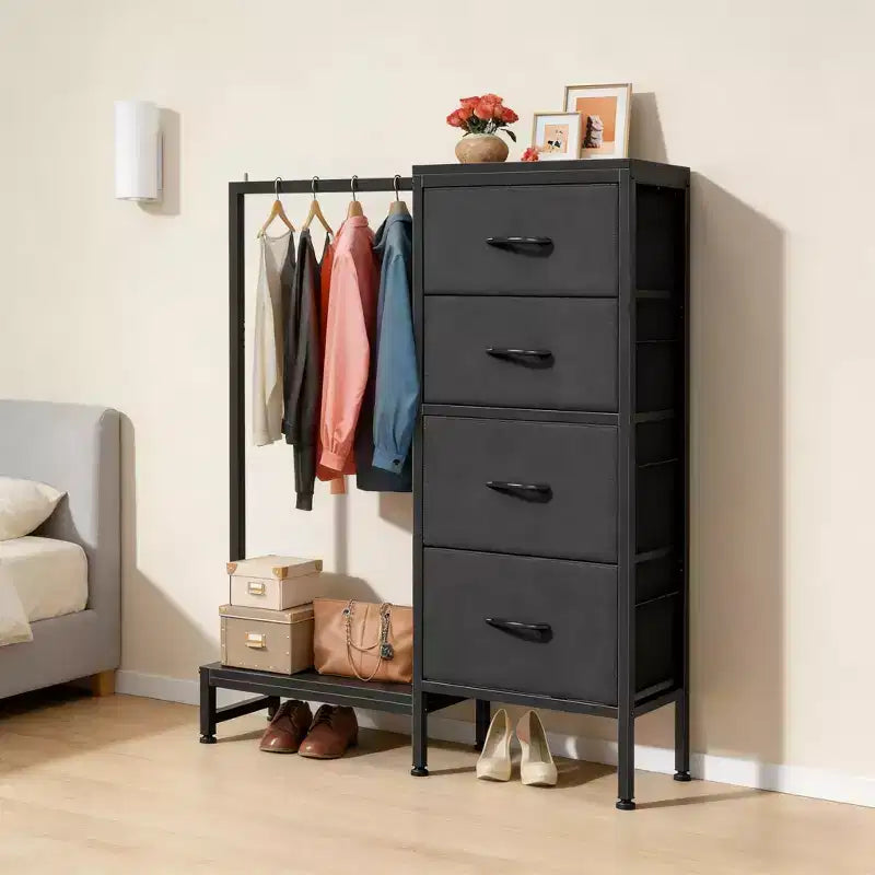Comò a 4/6 cassetti con asta appendiabiti e ripiano aperto, armadio con cassetti in tessuto, piccolo guardaroba 2-in-1 per camera da letto, soggiorno, corridoio