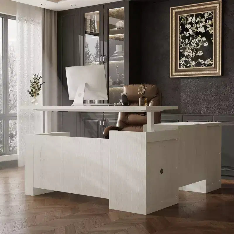 Scrivania a L regolabile in altezza Famapy, ampia postazione di lavoro con cassetti portaoggetti, porte di ricarica e 4 impostazioni di memoria per l'home office