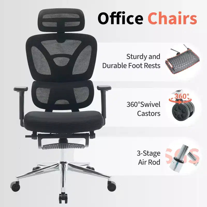 Sedia da ufficio ergonomica in rete, Sedia da scrivania per computer, Schienale alto, Supporto lombare regolabile, Poggiatesta e poggiapiedi imbottiti, per camera da letto, studio, studenti