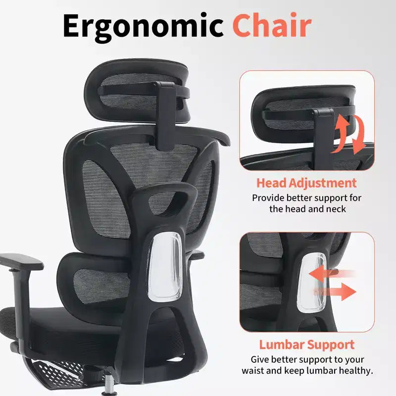 Sedia da ufficio ergonomica in rete, Sedia da scrivania per computer, Schienale alto, Supporto lombare regolabile, Poggiatesta e poggiapiedi imbottiti, per camera da letto, studio, studenti