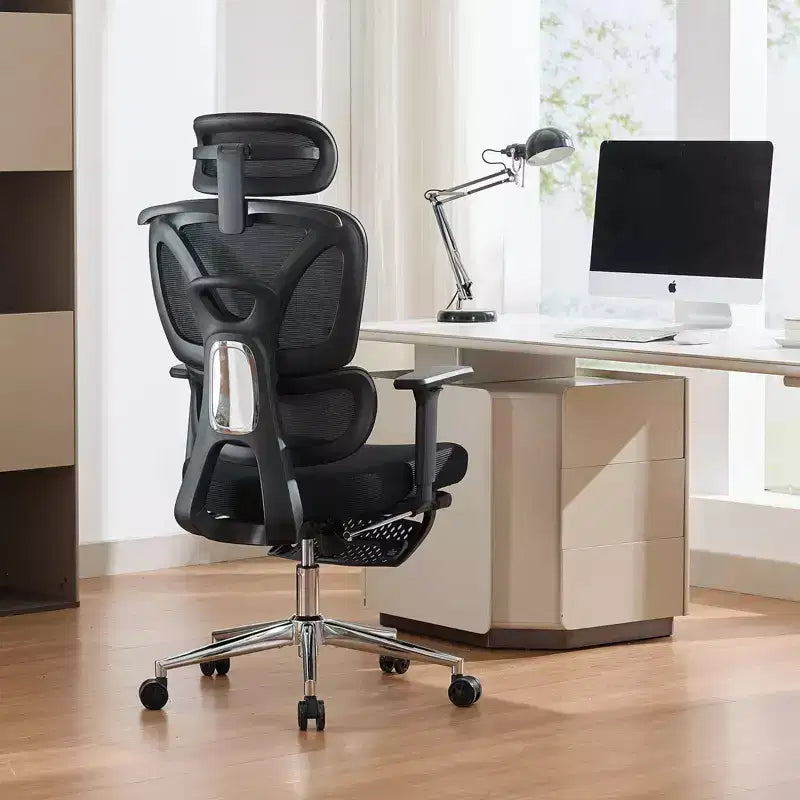 Sedia da ufficio ergonomica in rete, Sedia da scrivania per computer, Schienale alto, Supporto lombare regolabile, Poggiatesta e poggiapiedi imbottiti, per camera da letto, studio, studenti