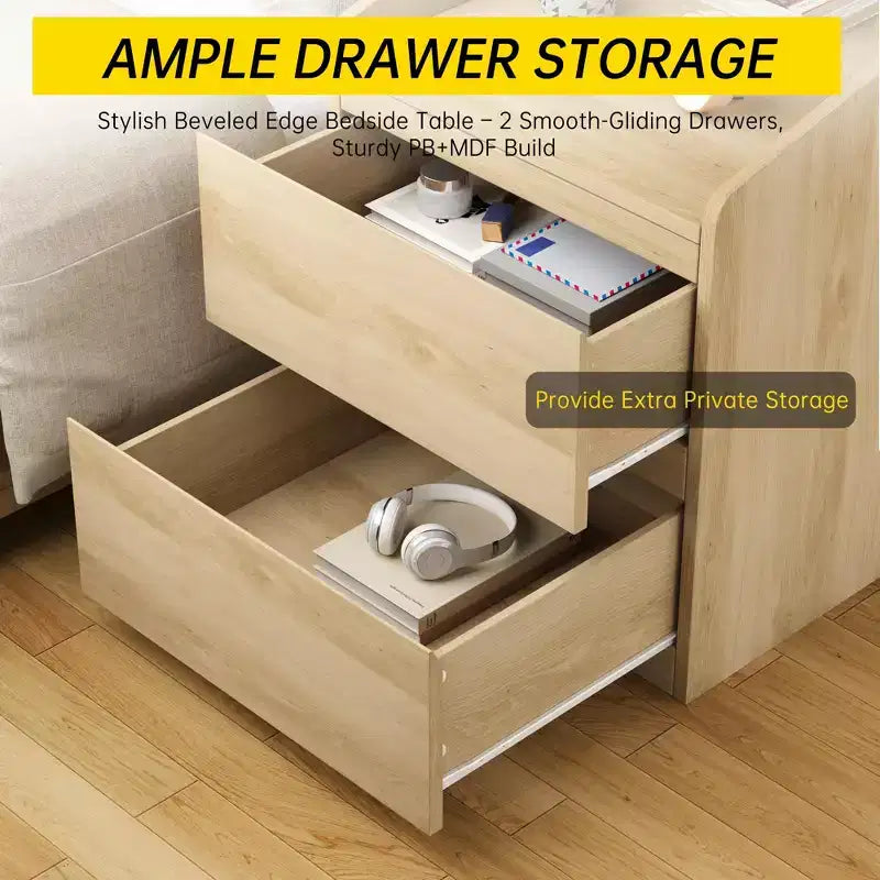 Comodino con 2 cassetti, comodino moderno da 60 cm, tavolino con 2 cassetti e vano portaoggetti, design senza maniglia per camera da letto e soggiorno