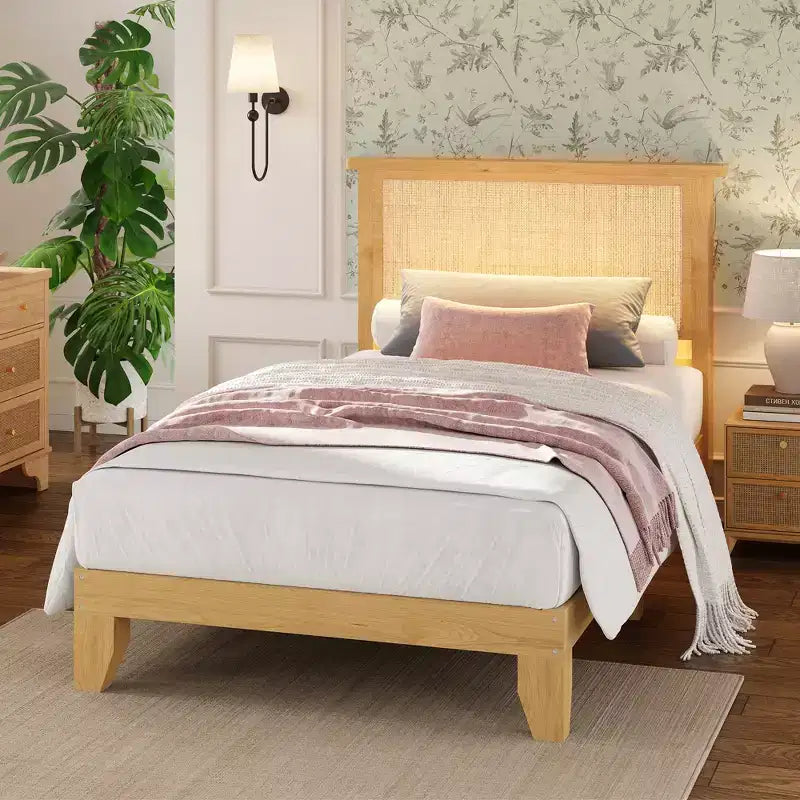 Letto Matrimoniale in Rattan Bohemien Testiera in Rattan Naturale, Luci a LED, Robuste Doghe in Legno Silenziose, Senza Rumore, Nessun Sommier a Molle Necessario Arredamento Camera da Letto
