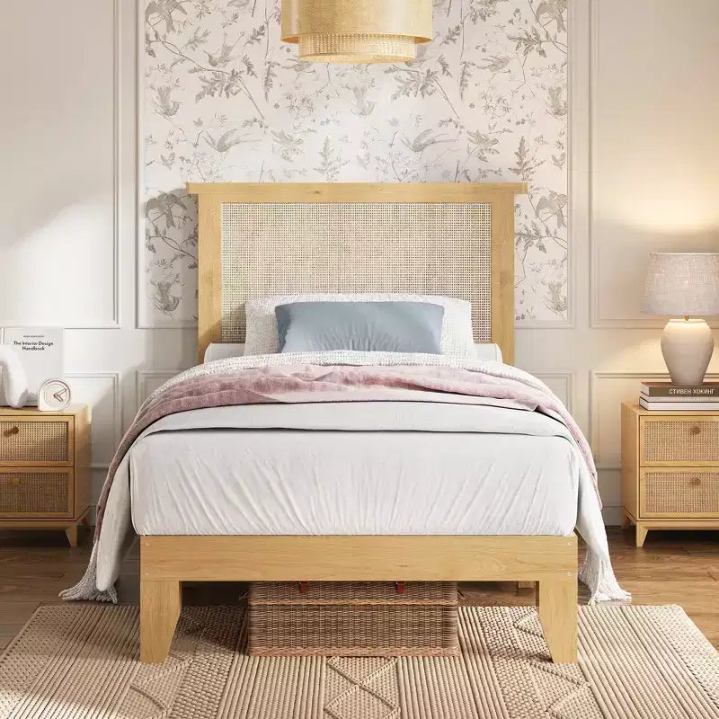 Letto Matrimoniale in Rattan Bohemien Testiera in Rattan Naturale, Luci a LED, Robuste Doghe in Legno Silenziose, Senza Rumore, Nessun Sommier a Molle Necessario Arredamento Camera da Letto