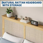 Letto Matrimoniale in Rattan Bohemien Testiera in Rattan Naturale, Luci a LED, Robuste Doghe in Legno Silenziose, Senza Rumore, Nessun Sommier a Molle Necessario Arredamento Camera da Letto