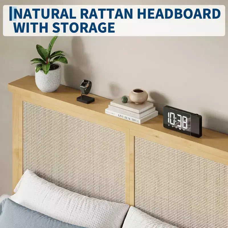 Letto Matrimoniale in Rattan Bohemien Testiera in Rattan Naturale, Luci a LED, Robuste Doghe in Legno Silenziose, Senza Rumore, Nessun Sommier a Molle Necessario Arredamento Camera da Letto
