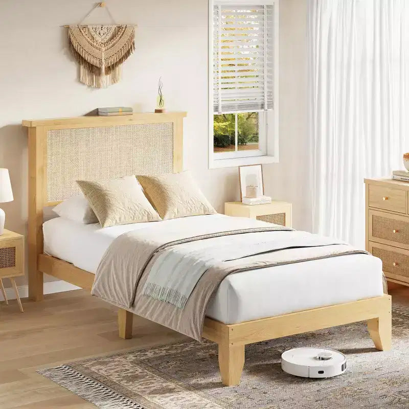 Letto Matrimoniale in Rattan Bohemien Testiera in Rattan Naturale, Luci a LED, Robuste Doghe in Legno Silenziose, Senza Rumore, Nessun Sommier a Molle Necessario Arredamento Camera da Letto