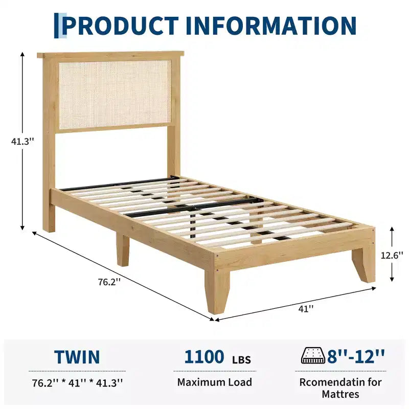 Letto Matrimoniale in Rattan Bohemien Testiera in Rattan Naturale, Luci a LED, Robuste Doghe in Legno Silenziose, Senza Rumore, Nessun Sommier a Molle Necessario Arredamento Camera da Letto