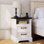 Comodino Rustico da Fattoria a 2 Cassetti, Comodino Moderno in Legno, Porte USB e Prese AC, MDF Resistente, Maniglie in Metallo, Bianco
