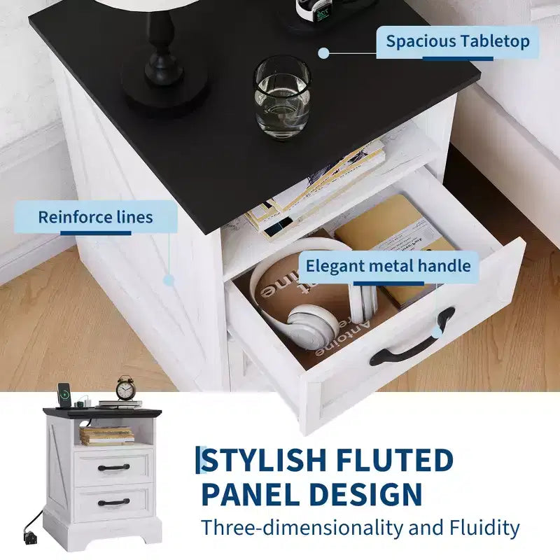 Comodino Rustico da Fattoria a 2 Cassetti, Comodino Moderno in Legno, Porte USB e Prese AC, MDF Resistente, Maniglie in Metallo, Bianco