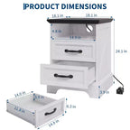 Comodino Rustico da Fattoria a 2 Cassetti, Comodino Moderno in Legno, Porte USB e Prese AC, MDF Resistente, Maniglie in Metallo, Bianco