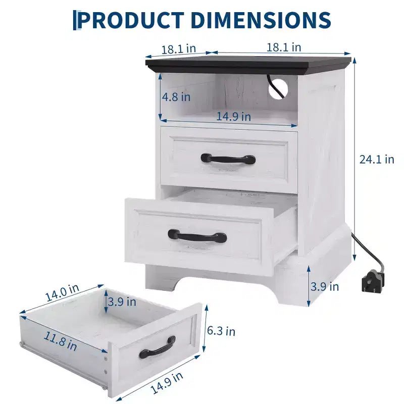 Comodino Rustico da Fattoria a 2 Cassetti, Comodino Moderno in Legno, Porte USB e Prese AC, MDF Resistente, Maniglie in Metallo, Bianco