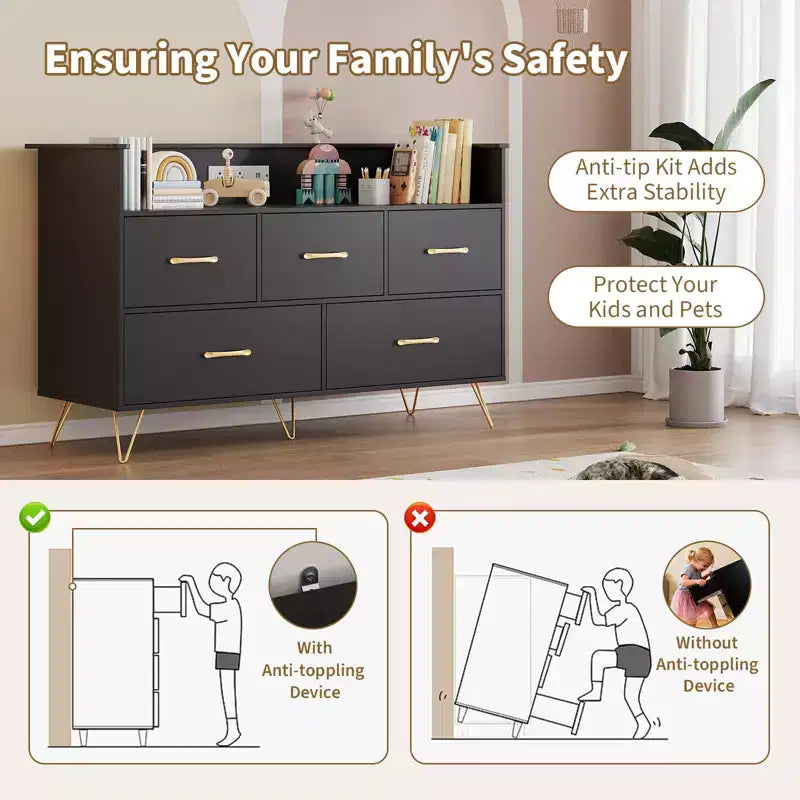 Cassettiera per Camera da Letto con 5 Cassetti, Comò Largo 120 cm, Organizzatore Contenitore Autoportante