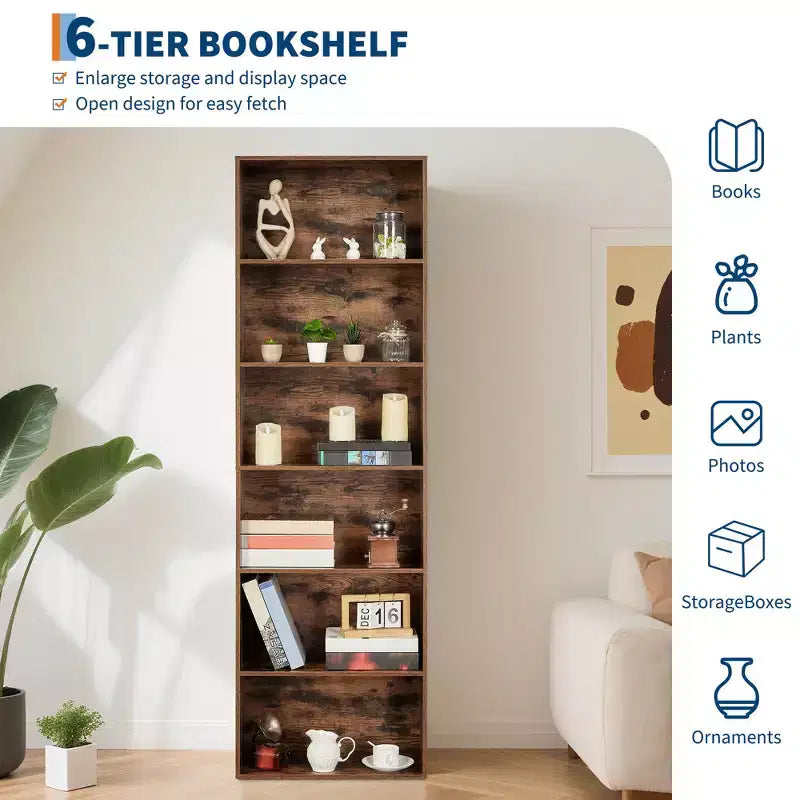 Libreria alta a 6 ripiani, Scaffale in legno da 161,5 cm con stile rustico industriale, Organizzatore a 6 livelli per soggiorno, camera da letto, biblioteca