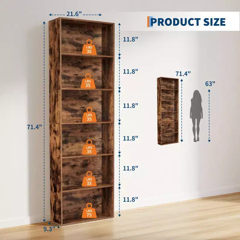 Libreria alta a 6 ripiani, Scaffale in legno da 161,5 cm con stile rustico industriale, Organizzatore a 6 livelli per soggiorno, camera da letto, biblioteca