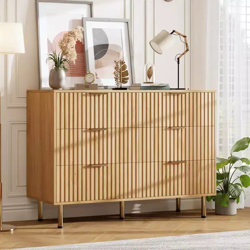 Comò moderno a 6 cassetti con scanalature, cassettiera in legno con contenitori profondi, cassettiera doppia grande e porta TV per camera da letto, soggiorno, corridoio, cameretta dei bambini