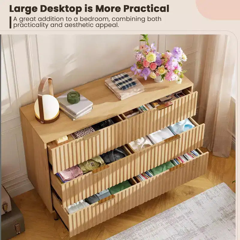 Comò moderno a 6 cassetti con scanalature, cassettiera in legno con contenitori profondi, cassettiera doppia grande e porta TV per camera da letto, soggiorno, corridoio, cameretta dei bambini
