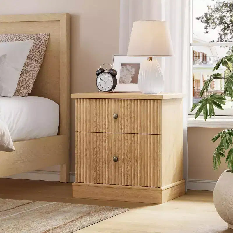 Comodino scanalato moderno, comodino da 60 cm Piccolo armadietto contenitore con 2 cassetti, tavolino con base curva stabile