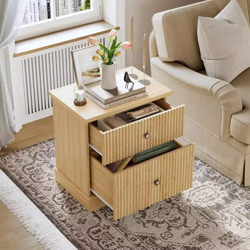Comodino scanalato moderno, comodino da 60 cm Piccolo armadietto contenitore con 2 cassetti, tavolino con base curva stabile