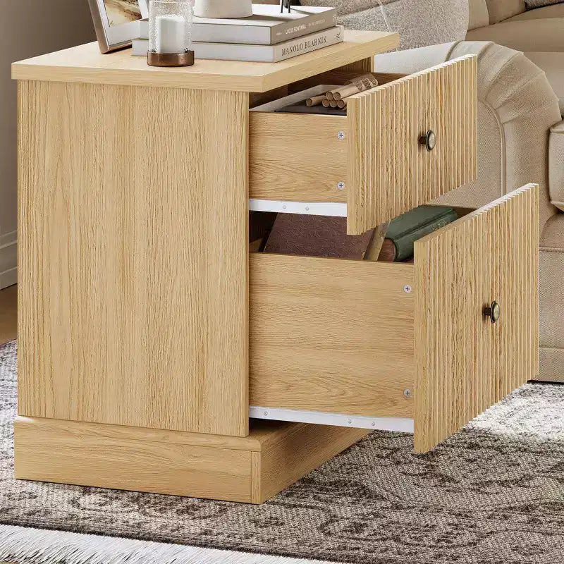 Comodino scanalato moderno, comodino da 60 cm Piccolo armadietto contenitore con 2 cassetti, tavolino con base curva stabile