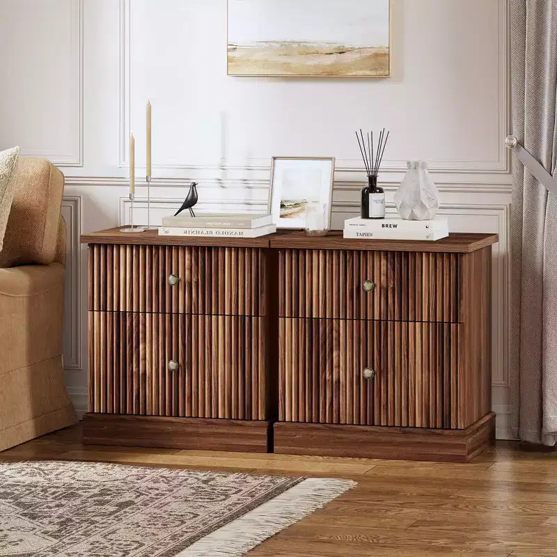 Comodino scanalato moderno, comodino da 60 cm Piccolo armadietto contenitore con 2 cassetti, tavolino con base curva stabile