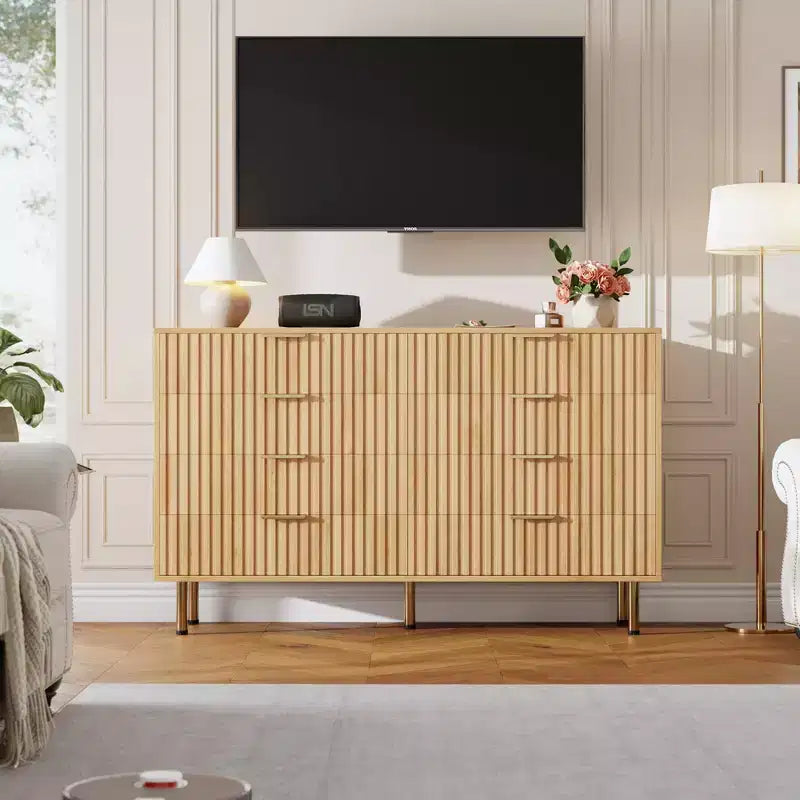 Comò a 8 cassetti scanalati, cassettiera doppia larga 137 cm con cassetti profondi, organizer in legno e mobile TV