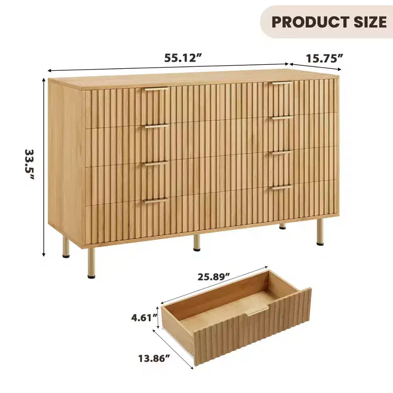 Comò a 8 cassetti scanalati, cassettiera doppia larga 137 cm con cassetti profondi, organizer in legno e mobile TV
