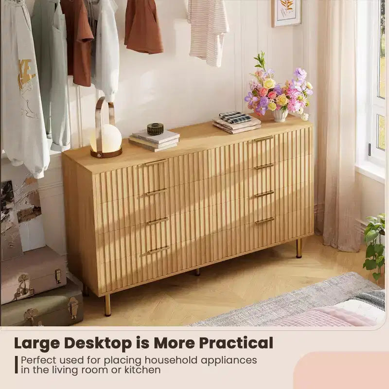 Comò a 8 cassetti scanalati, cassettiera doppia larga 137 cm con cassetti profondi, organizer in legno e mobile TV