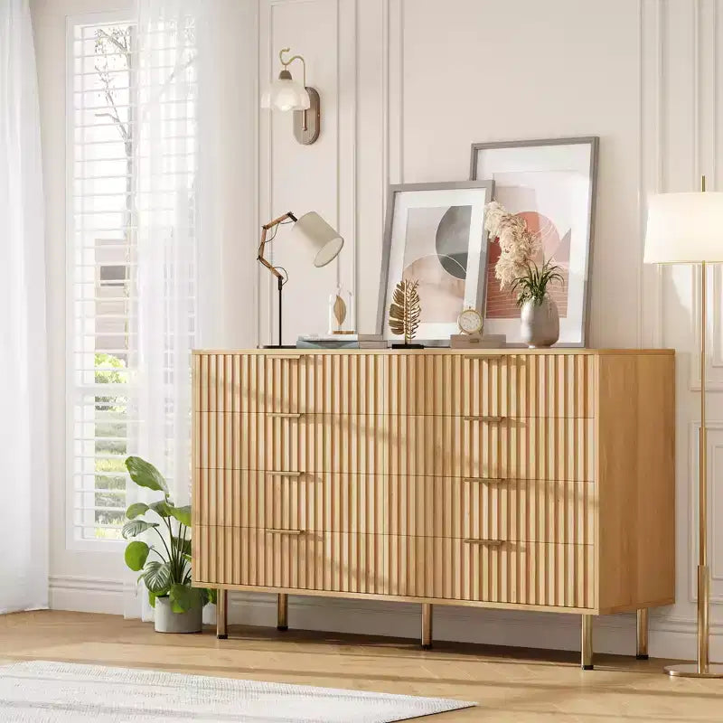 Comò a 8 cassetti scanalati, cassettiera doppia larga 137 cm con cassetti profondi, organizer in legno e mobile TV