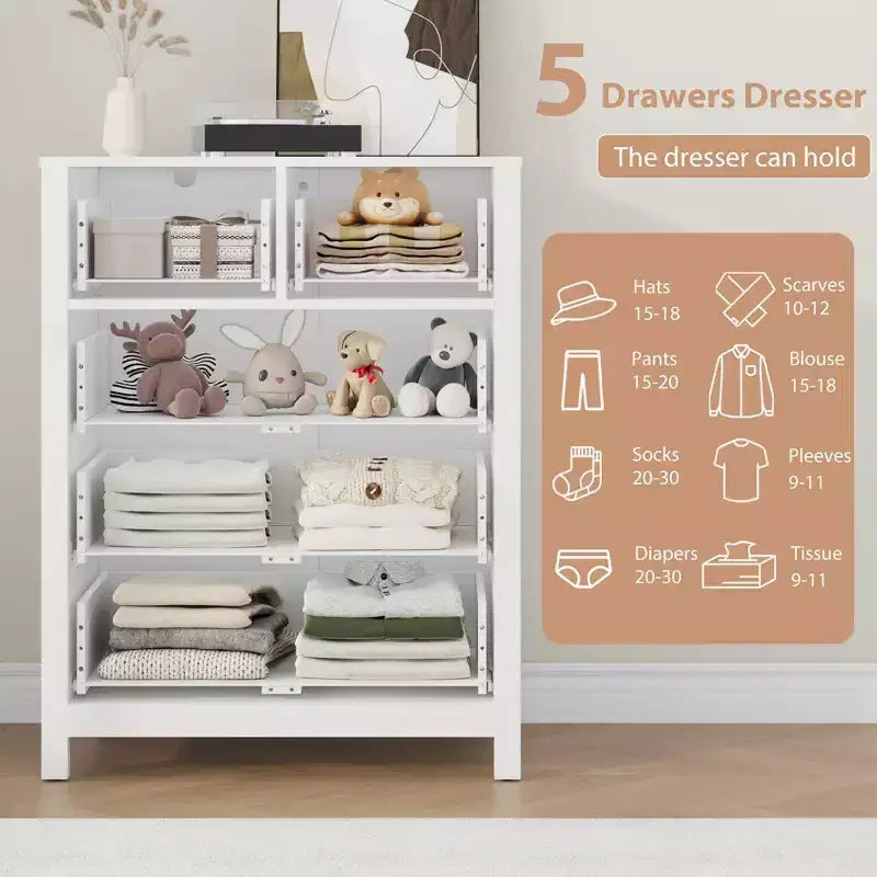 Cassettiera moderna a 5 cassetti per camera da letto, Comò alto in legno, Organizzatore spazioso, Cassetti per ingresso, corridoio, armadio, camera dei bambini, ufficio domestico