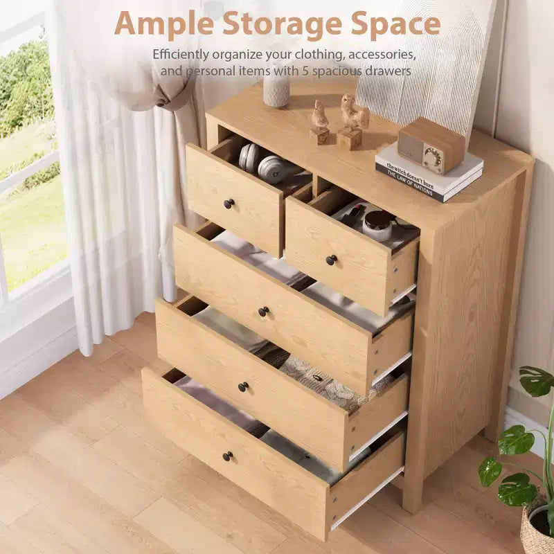 Cassettiera moderna a 5 cassetti per camera da letto, Comò alto in legno, Organizzatore spazioso, Cassetti per ingresso, corridoio, armadio, camera dei bambini, ufficio domestico