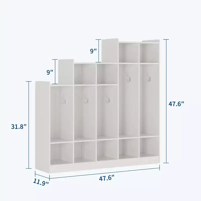 Armadietto appendiabiti in legno a 5 sezioni per bambini - 9 scomparti, 10 ganci - Organizzatore per asili nido, scuole dell'infanzia, casa, camerette, scuole