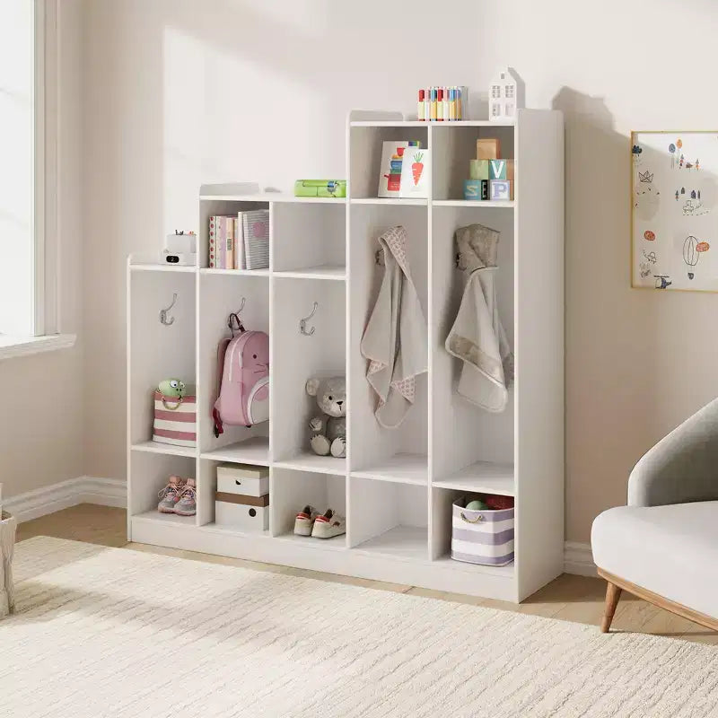 Armadietto appendiabiti in legno a 5 sezioni per bambini - 9 scomparti, 10 ganci - Organizzatore per asili nido, scuole dell'infanzia, casa, camerette, scuole