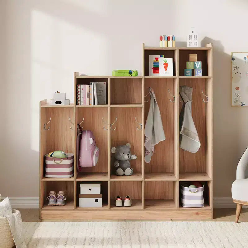 Armadietto appendiabiti in legno a 5 sezioni per bambini - 9 scomparti, 10 ganci - Organizzatore per asili nido, scuole dell'infanzia, casa, camerette, scuole