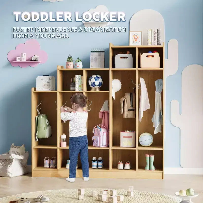 Armadietto appendiabiti in legno a 5 sezioni per bambini - 9 scomparti, 10 ganci - Organizzatore per asili nido, scuole dell'infanzia, casa, camerette, scuole