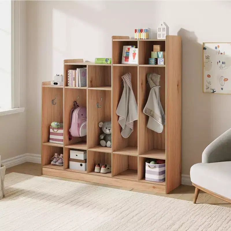 Armadietto appendiabiti in legno a 5 sezioni per bambini - 9 scomparti, 10 ganci - Organizzatore per asili nido, scuole dell'infanzia, casa, camerette, scuole