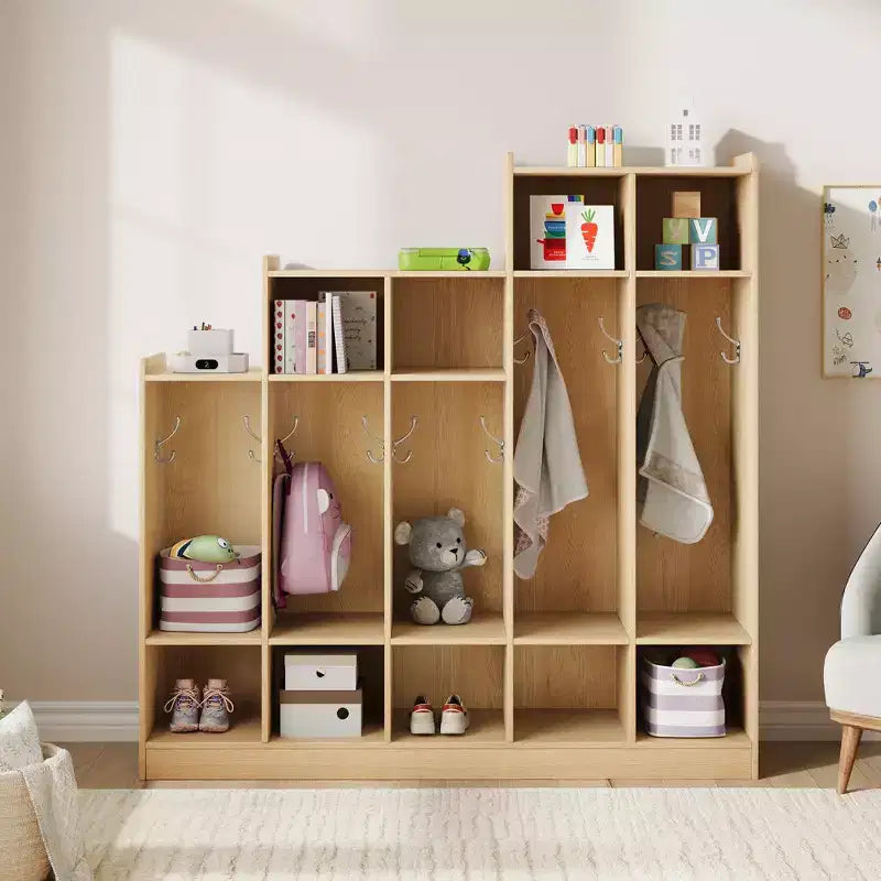 Armadietto appendiabiti in legno a 5 sezioni per bambini - 9 scomparti, 10 ganci - Organizzatore per asili nido, scuole dell'infanzia, casa, camerette, scuole